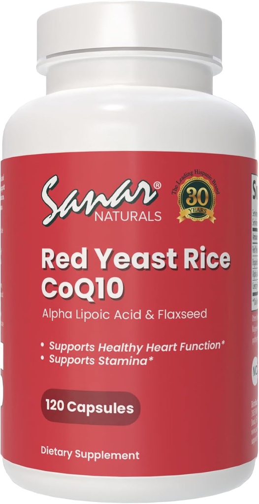 Sanar Naturals Red Yeast Rice, CoQ10 Supplement - Sağlıklı Kalp Fonksiyonu, Enerji ve Stamina - Non-GMO, Gluten Free, Vegan, 120 Capsules