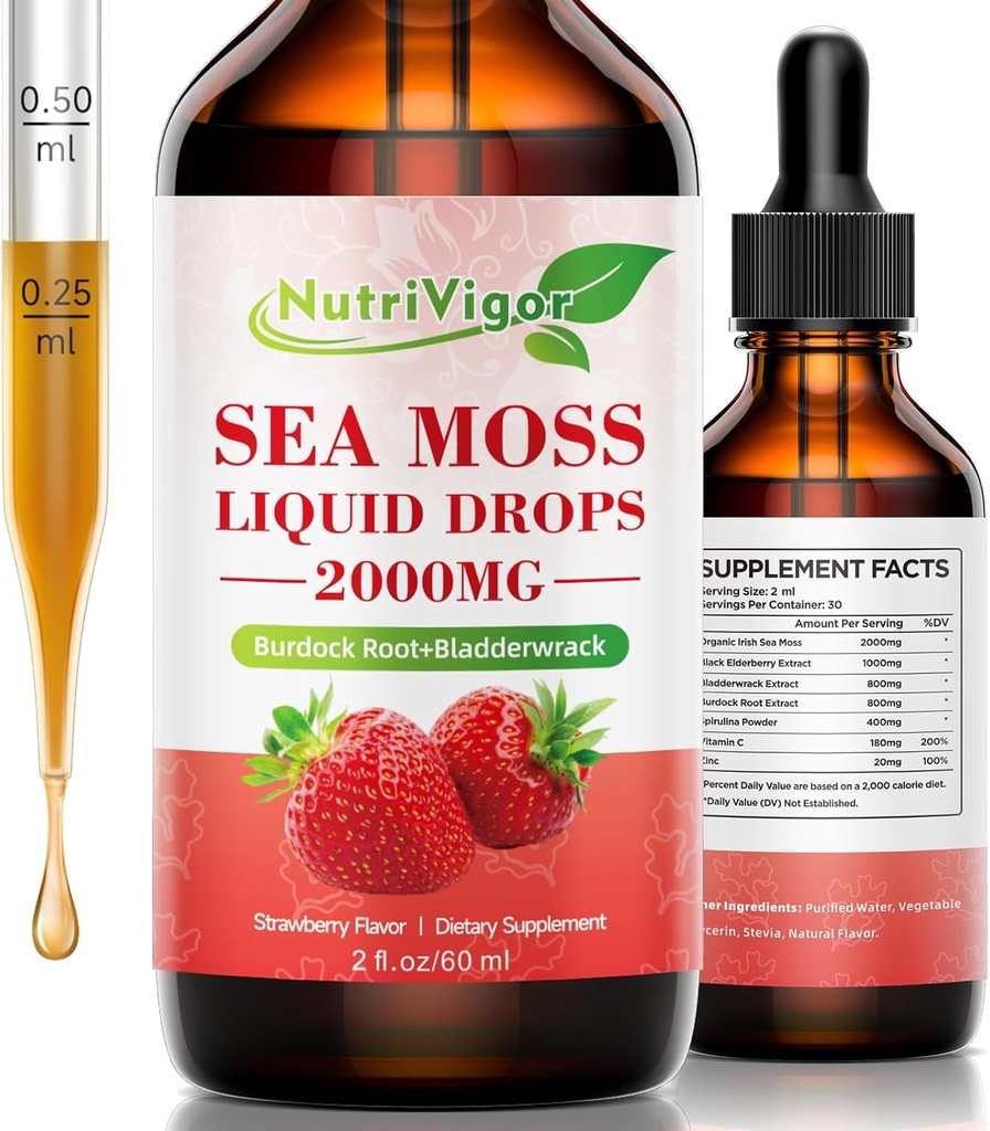 Sea Moss Liquid Drops - 2000 mg Irish Sea Moss Supplement with Burdock Root & Bladderwrack, Qrganic Seamoss Raw for Immunity, Digestive, Ortak & Thyroid, Strawberry, 2 Fl. Oz /