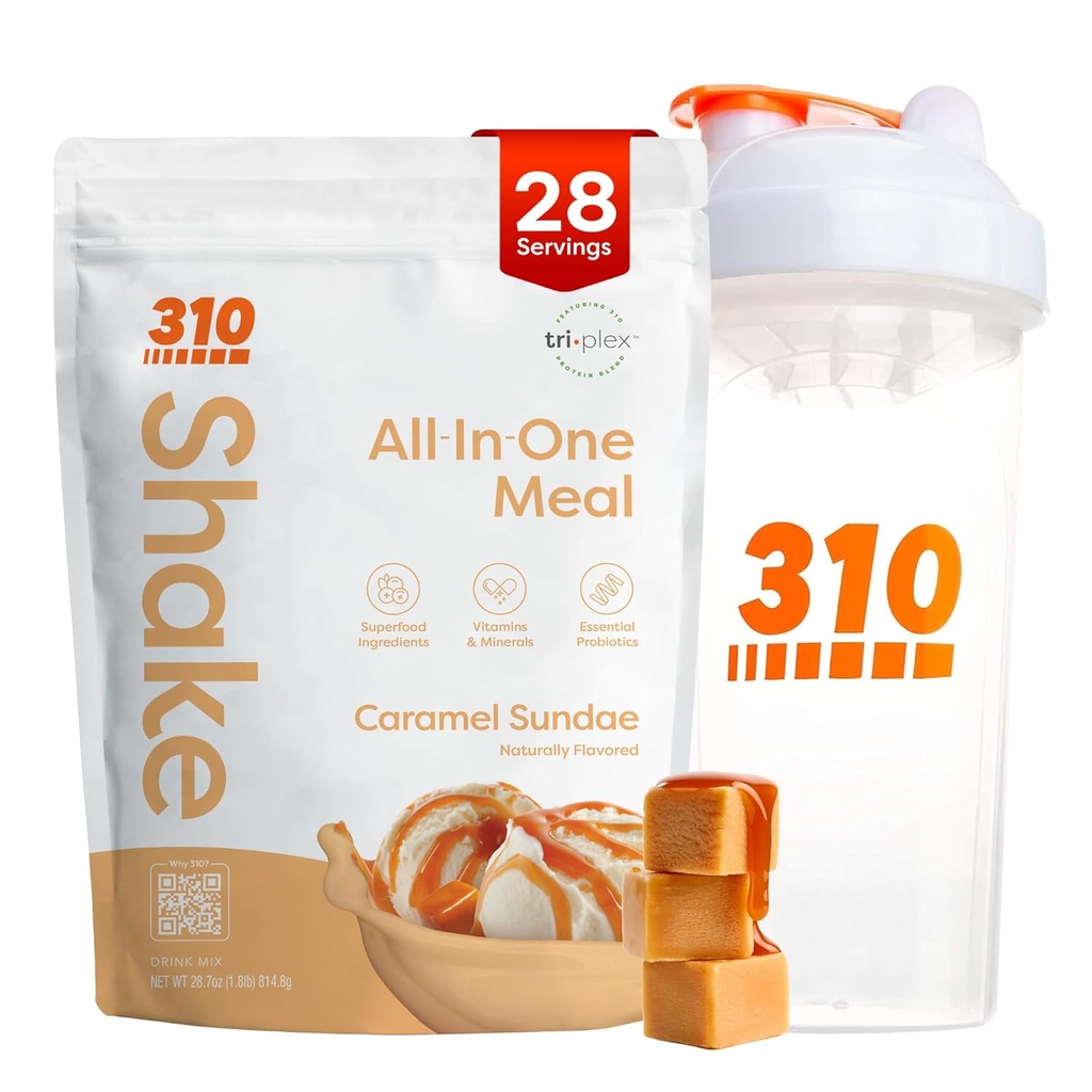 310 Beslenme All-in-One Meal Change Shake Toz w/Shaker Cup Start Kit - Yüksek Protein Fiber Rich Vegan Superfood - Sugar-Free, Keto & Paleo Friendly, Low Carb - Caramel Sundae 28 srv