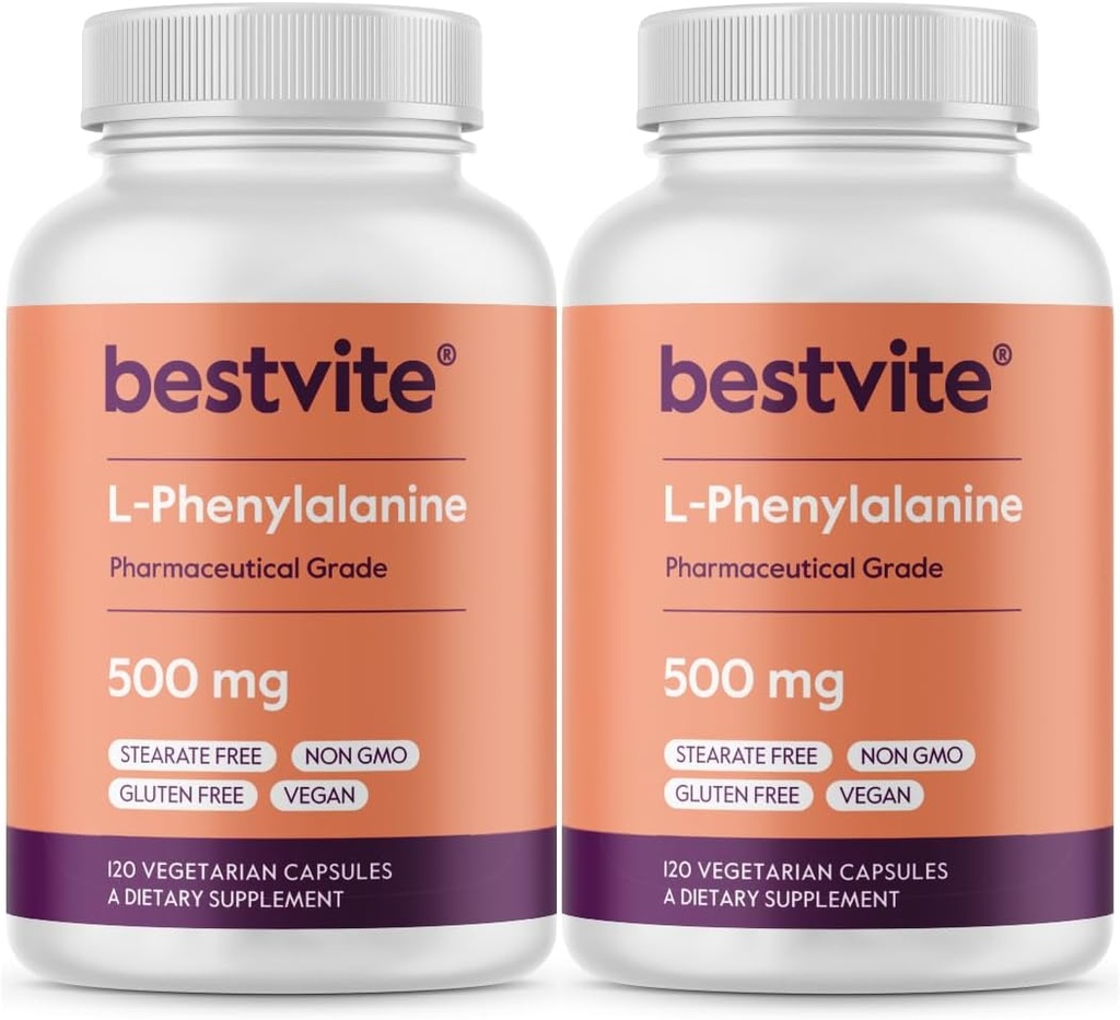 BESTVITE L-Φαινυλαλανίνη 500mg (240 κάψουλες χορτοφάγων) (2-πακέτο) - Όχι Stearates - Vegan - Χωρίς γλουτένη - Μη ΓΤΟ
