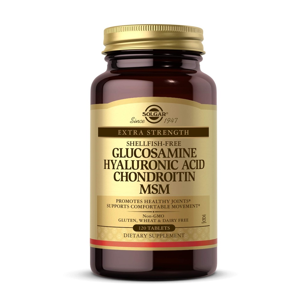 Solgar Glucosamine Hyaluronic Acid Chondroitin MSM, 120 Tablets - Υποστηρίζει υγιείς αρθρώσεις - Υποστηρίζει Εύρος κίνησης & ευελιξίας - Επιπλέον δύναμη, Shellfish Free - Μη ΓΤΟ, Χωρίς γλουτένη - 40 εξυπηρετήσεις