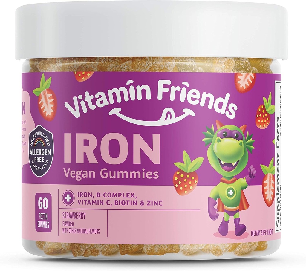 Arkadaşlar - Vegan Multivitamin & Iron for Kids - Daily Nutritional Support Gummies w/Ferrous Fumarate B-Complex, C, çinko, Biotin - Body Function & Anemi - Strawberry, (60 Day Supply)