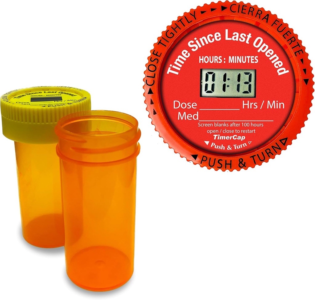 TimerCap Automatically Displays Time Since Last Opened - Built-in Stopwatch Smart Pill Bottle Cap Medication Reminder Case (Qty 2-1.8 oz Amber Bottles) CRC