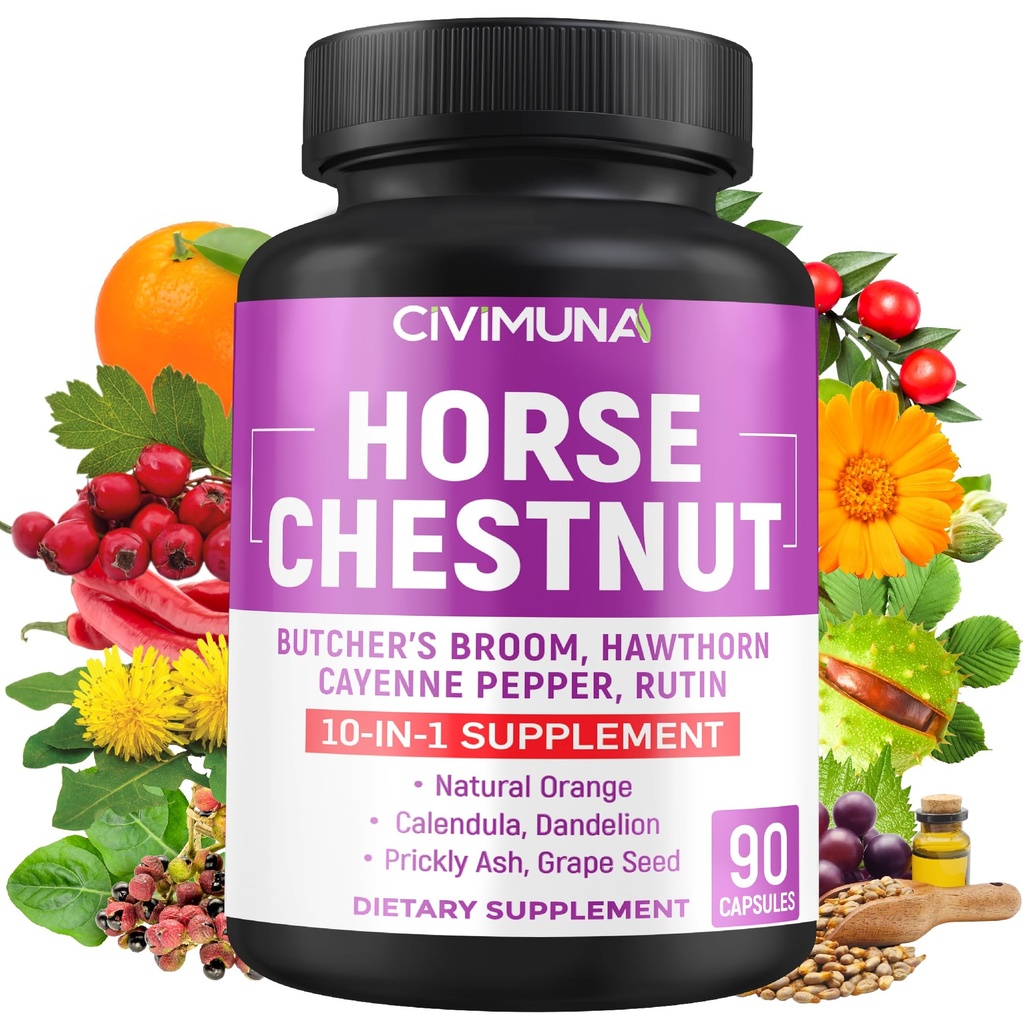 At Chestnut Capsules with Horse Chestnut, Butcher's Broom Root, Cayenne Pepper and More - 90 Capsules for 3 Ay Supply