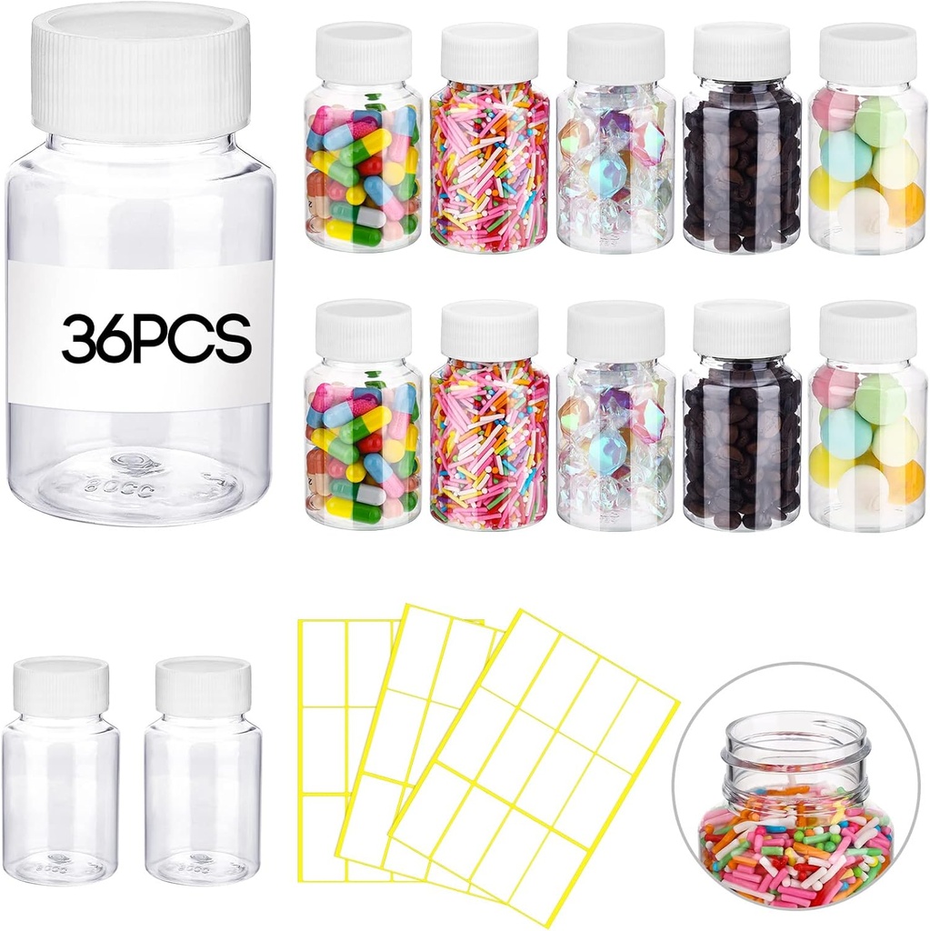 Vesici 36 PCs 80 ml Clear Pill Μπουκάλι Πλαστικό φάρμακο Κενό αντιδραστήριο Μπουκάλι με λευκό βιδωτό καπάκι Στερεό σκόνης Θήκη επαναπλήρωσης εμπορευματοκιβώτια με ετικέτα Sticker για υγρή στερεά σκόνη Ιατρική