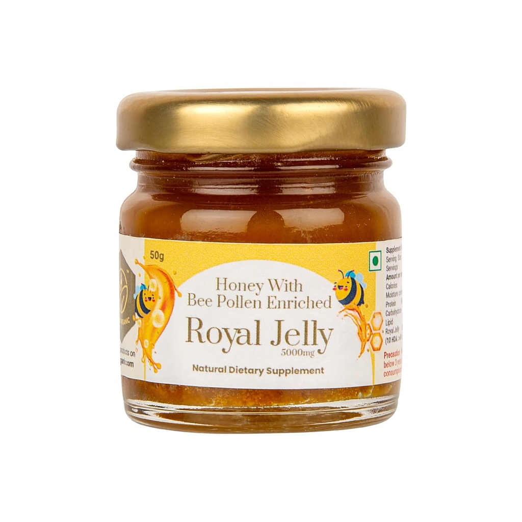Shiva Organic Honey with Bee Pollen Enriched 2% Royal Jelly (50g) - Premium Organic Source - Unaltered Raw Honey with Royal Jelly Infusion for Holistic Wellness
