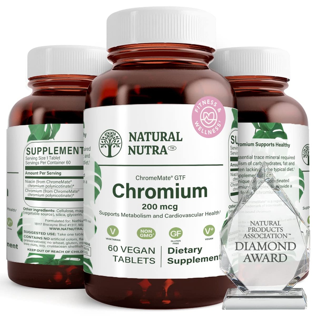 Natural Nutra GTF Chromium Polynicotinate with ChromeMate, Supports Body Metabolism, Body Health, Cardiovascular Health 200 mcg, 60 Vegan Tablets