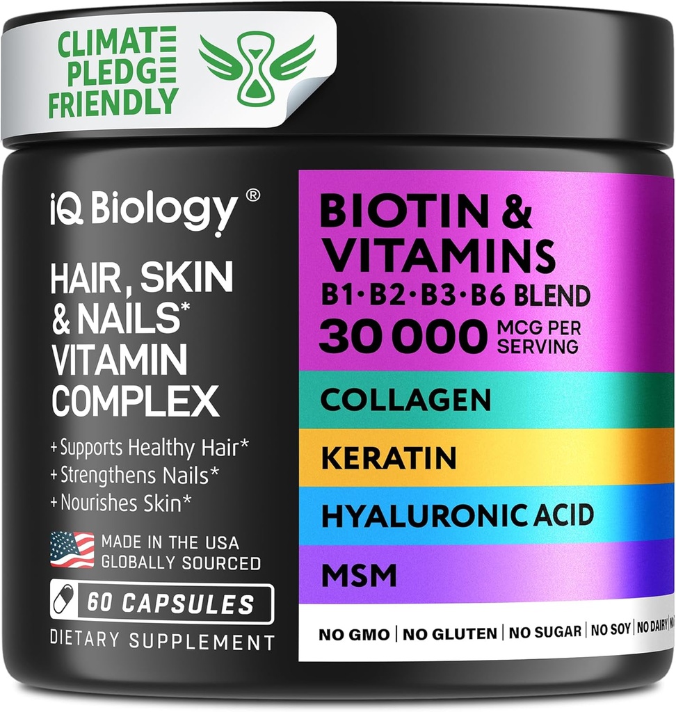 Keratin, Collagen Kompleksi 30000 mcg - Saç Kaybı ve Güçlü Kalınlık için Kapsüller - Skin & Nails Vitaminleri, Biotin 10000 Artılar ve Collagen Supplements - 60 Pills