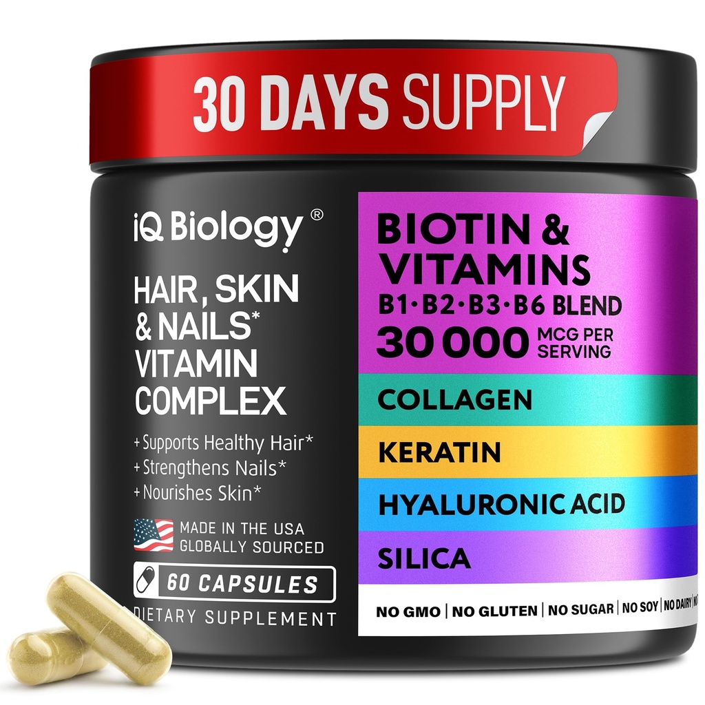 Keratin, Collagen Kompleksi 30000 mcg - Saç Kaybı ve Güçlü Kalınlık için Kapsüller - Skin & Nails Vitaminleri, Biotin 10000 Artılar ve Collagen Supplements - 60 Pills