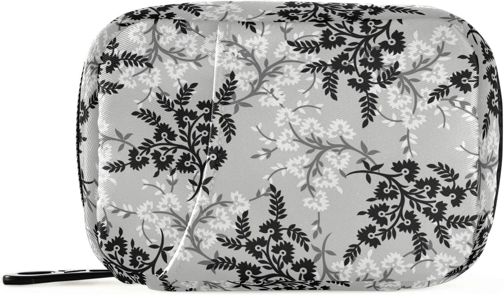 xigua Pill Organizer 7-Day Travel Pill Box Bag Black & Grey Small Flowers Pattern Daily Pill Case with Zipper Portable Suitable,Vitamin Supplement Holder