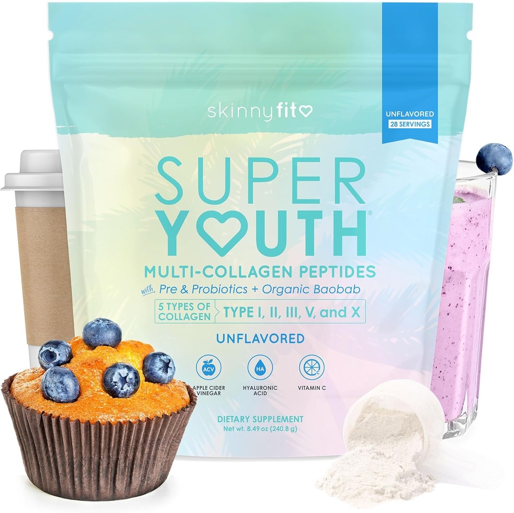 SkinnyFit - Super Youth Collagen for Women - Multi Collagen Peptides Powder - Probiotics, Fiber, Hyaluronic Acid - Non GMO, Gluten Free, Sugar Free - Beauty & Self Care - Unflavored (28 Servings)
