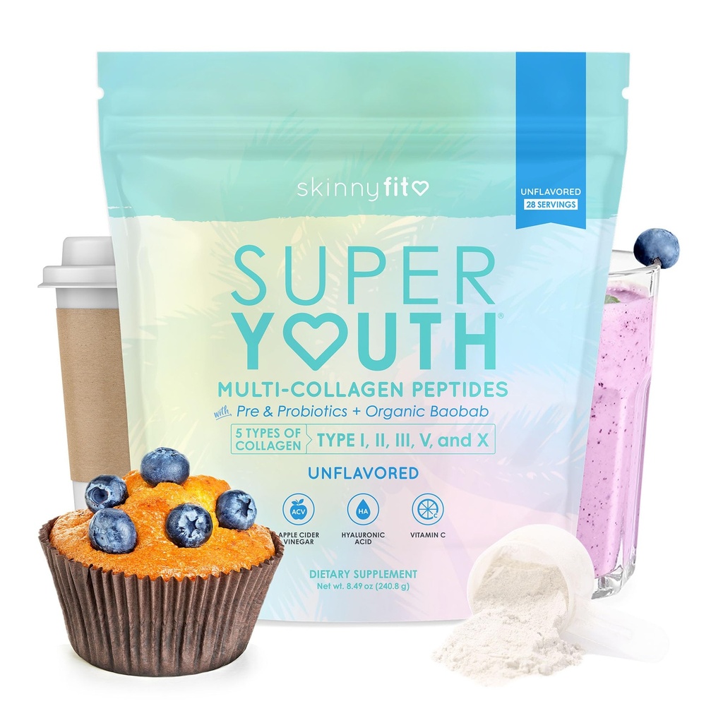 SkinnyFit - Super Youth Collagen for Women - Multi Collagen, Toz - Probiyotikler, Fiber, Hyaluronik Asit - GMO, Gluten Free, Sugar Free - Beauty & Self Care - Unflavored (28 hizmet)