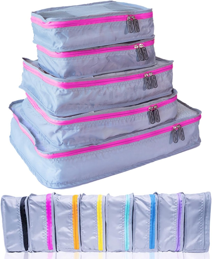 MUMI Auto Cubes - Seyahat için 5Piece Kombinasyon Ürünleri, Suitcases için Bagaj Organizeleri, Locks ve Duffel Çanta - Space-Saving Travel Essentials - Pink
