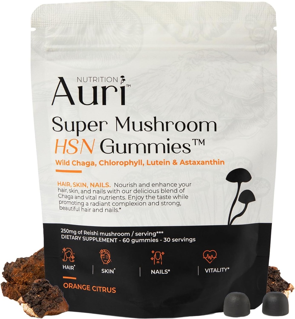 Auri Super Mushroom HSN Gummies - Saç Skin ve Nails Gummies Fonksiyonel Mushrooms Supplement - Wild Chaga, Chlorophyll, Lutein ve Astaxanthin - 60 Orange Citrus Gummies