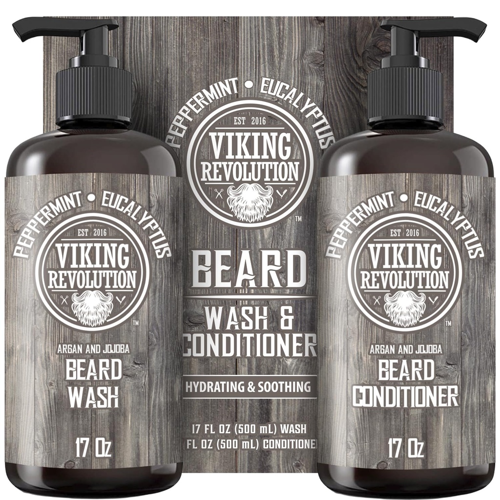 Viking Revolution Beard Wash & Conditioner Set w/Argan & Jojoba Oils – Softens, Smooths & Strengens Beard Growth - Φυσικό μέντας και ευκαλύπτου Scent - Σαμπουάν (17 oz)