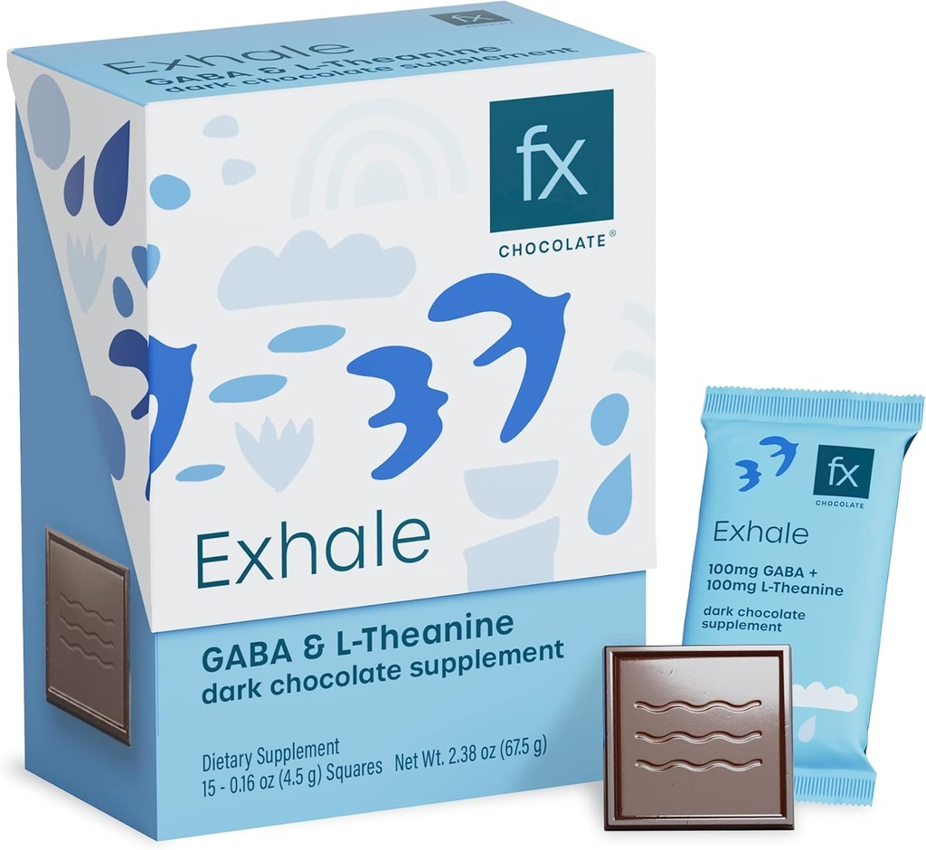 Fx Chocolate Exhale - Χαλαρωτική σοκολάτα συμπλήρωμα για την υποστήριξη ηρεμίας + αντίδραση στρες - Ζάχαρη δωρεάν Cacao με 100mg GABA + 100mg L-Θεανίνη - Keto Dark Chocolate - Vegan + μη-GMO (Πλαίσιο των 15)