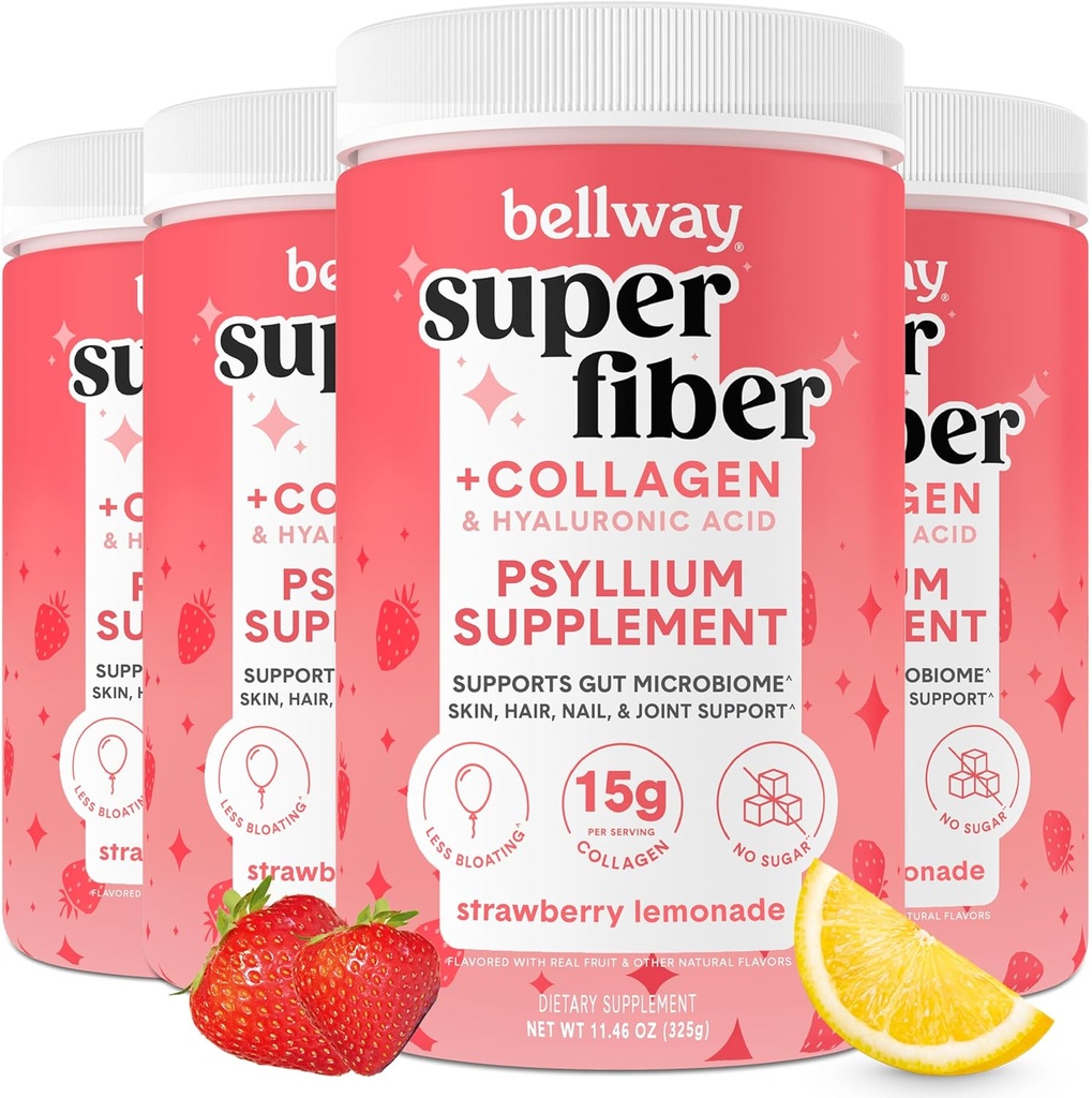 Bellway Super Fiber Toz + Collagen (4 Pack), Sugar-Free Psyllium Husk Toz Gut Health için Collagen., Sağlıklı Skin, Nails, Bones & Commons, Strawberry Lemonade (45.84 oz)
