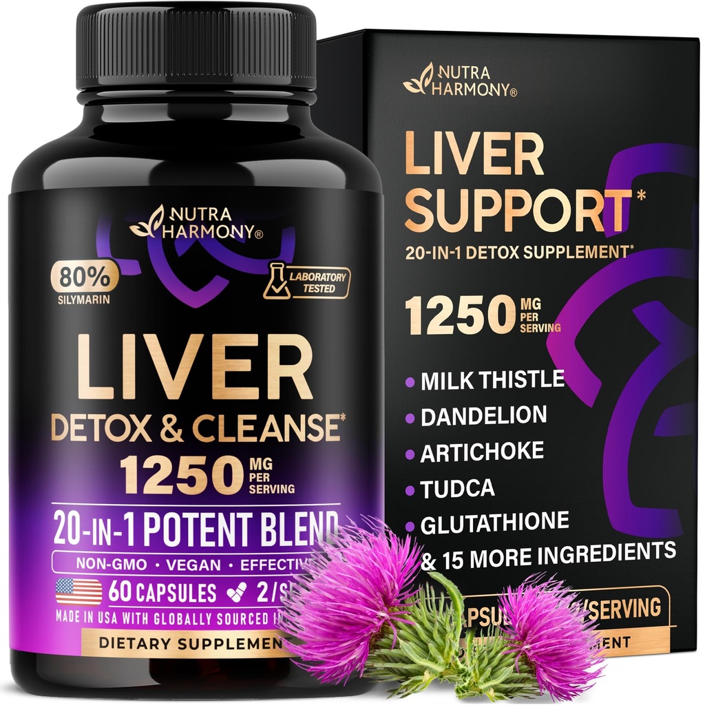 Liver Cleanse Detox & Tamir - Süt Butle | Dandelion | Artichoke | TUDCA | Glutathione & NAC - Etkili Canlı Sağlık Tamamı | 80 Silymarin - Laboratuvar Test Edildi, Vegan - ABD 60 Capsules
