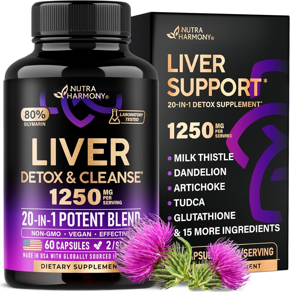 Liver Cleanse Detox & Tamir - Süt Butle | Dandelion | Artichoke | TUDCA | Glutathione & NAC - Etkili Canlı Sağlık Tamamı | 80 Silymarin - Laboratuvar Test Edildi, Vegan - ABD 60 Capsules