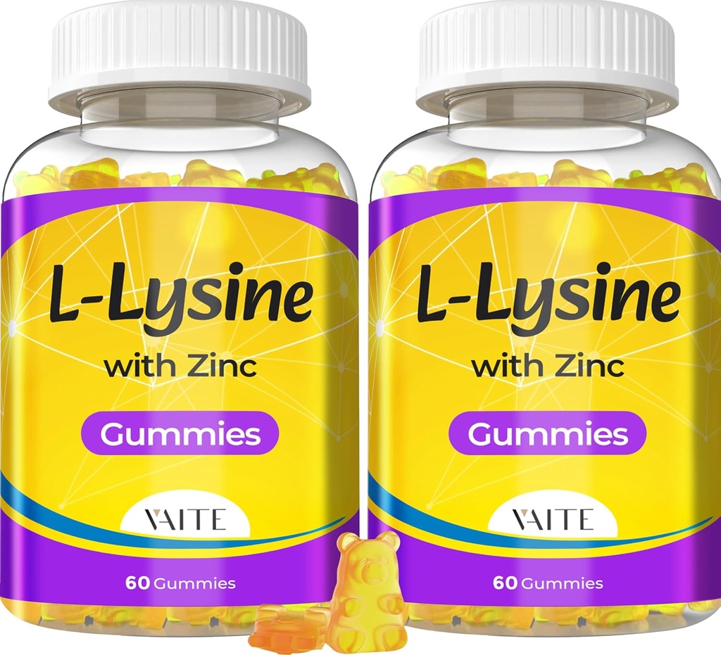 L Lysine Gummies 1000 mg with çinko - Supports Skin, Lip, Vegan, Gluten Free, 60 Chewable L-Lysine for Yetişkinler, Vitaminler Tissue Health & Immune System, Bolt Acid & Kompleksi, Non-GMO(2Pack)