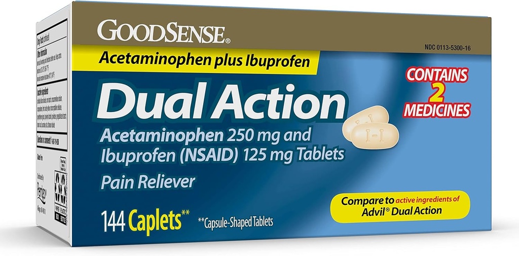 GoodSense Dual Action Acetaminophen 250 mg ve Ibuprofen (NSAID) 125 mg Tablet, Ağrı Baş Ağrısı Yardımı, Arthritis Pain Relief and More, 144 Count