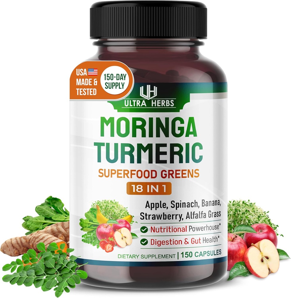 Superfood Greens 18 IN 1 - Fruits & Sebzes & Herbs -Moringa, Alfalfa, Apple, Spinatch, Banana, Strawberry- Boost Energy, Immunity ve Gut Health (150 günlük tedarik)