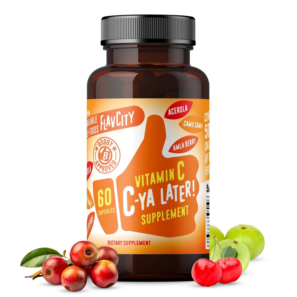 FlavCity Vitamin C Supplement, C-Ya Daha sonra! Superfood-Derived Immunity Support - Bio available C Immune Support from Acerola Cherry, Rose HIPS & Camu Camu - 500 Daily Value (60 Capsules)