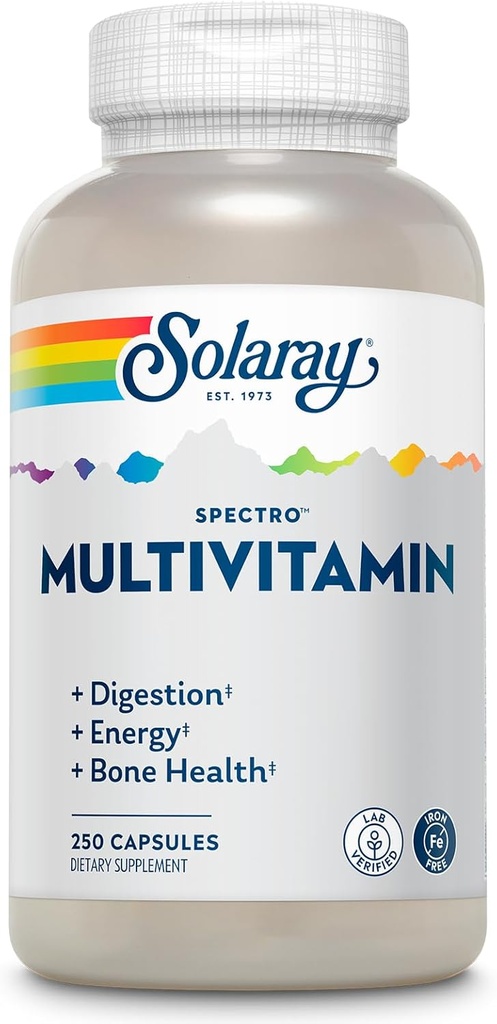 SOLARAY Spectro Multivitamin, Iron Free - Multi Vitamin w/Calcium, Magnezyum, Energating Greens, Digestive Enzymes - Digestion, Cellular Energy, Bone Health, Immune Support, 41 Hizmet, 250 Capsules