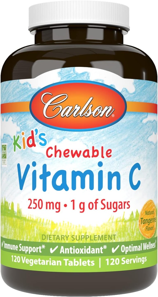 Carlson - Παιδική Μασώμενη Βιταμίνη C, 250 mg, 1 g Σάκχαρων, Ανοσολογική Υποστήριξη & Βέλτιστη Ευεξία, Αντιοξειδωτικό, Tangerine, 120 χορτοφαγικά δισκία