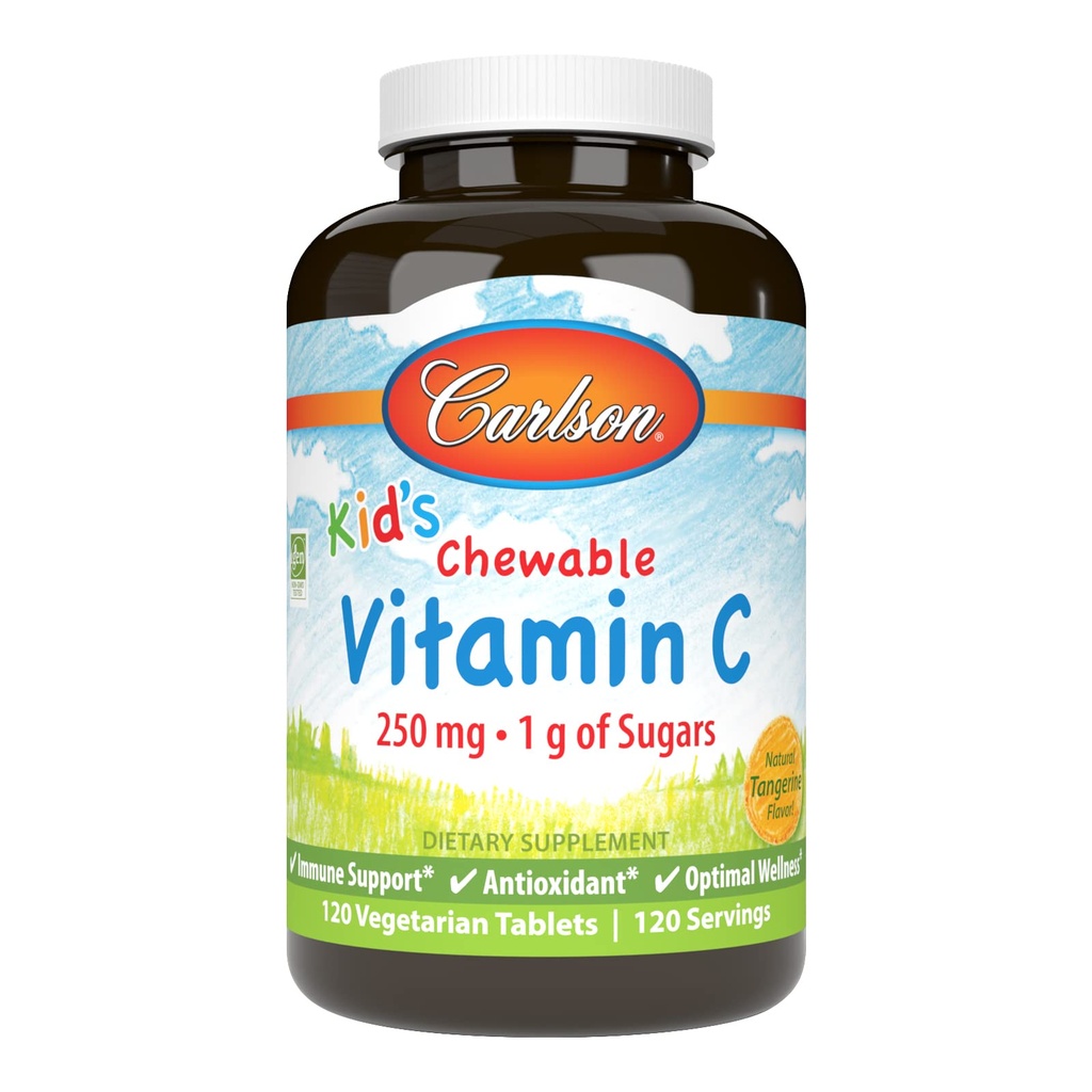 Carlson - Kid'in Chewable Vitamin C, 250 mg, 1 g Sugars, Immune Support & Optimal Wellness, Antioksi, Tangerine, 120 Vegetarian Tabletler