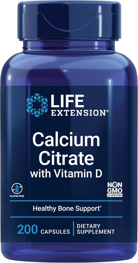 Life Extensionuba Citrate with Vitamin D, Super-absorbable Food to Support Optimal Bone Health, Gluten-Free, Non-GMO, 200 Capsules