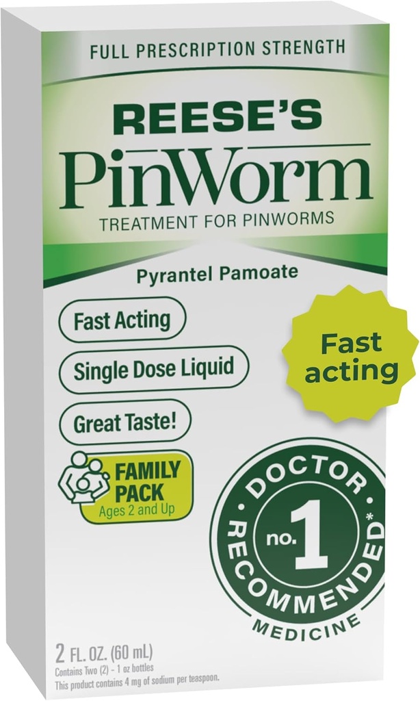 REESE'S PINWORM Medicine Liquid for Entile Family, Full Prescription Strength, 2 Oz, # 1 Γιατρός Συνιστάται εφάπαξ δόση Pyrantel Pamoate Dewormer για Ενήλικες & Παιδιά Ηλικίες 2+, Μπανάνα Γεύση