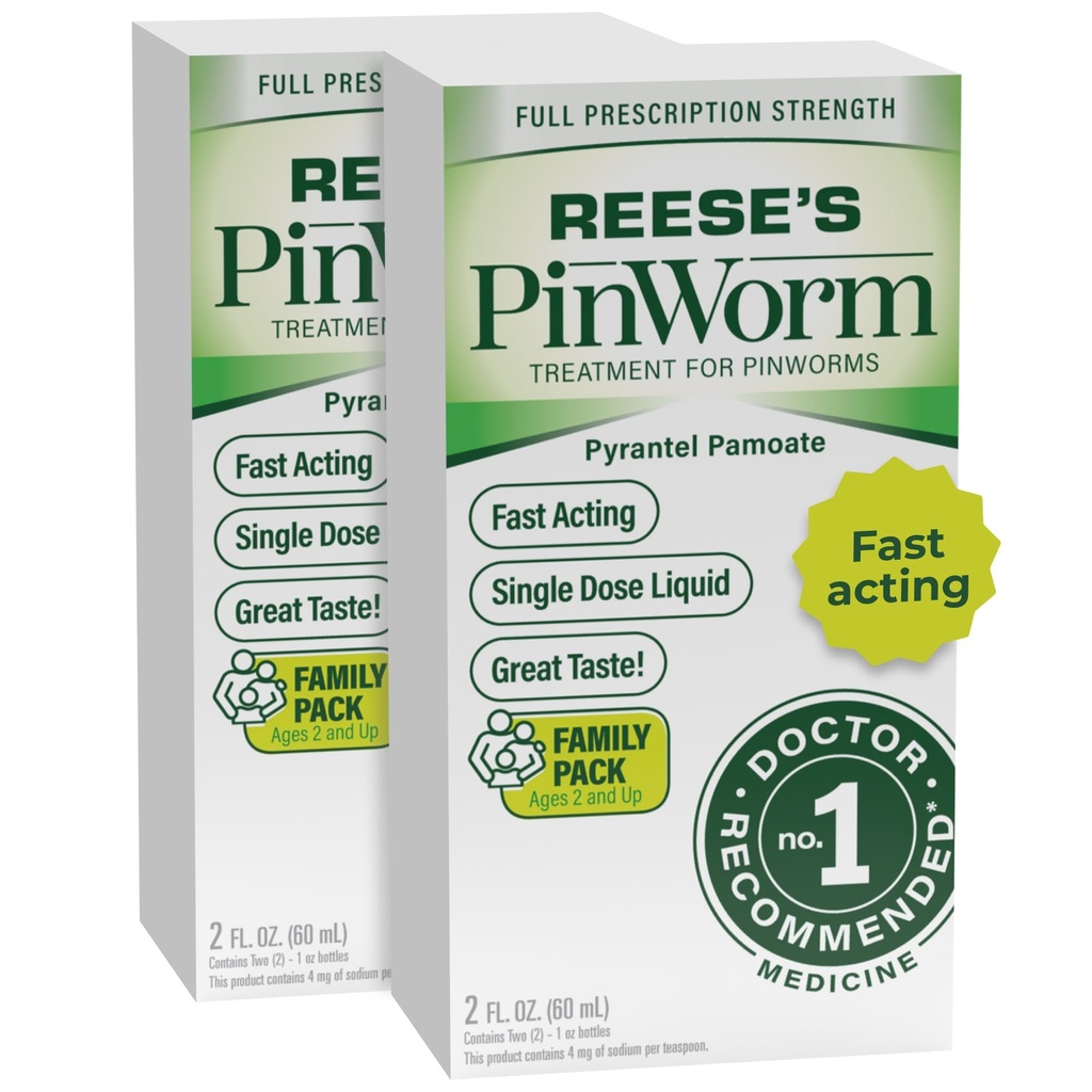 REESE'S PINWORM Medicine Liquid for Entile Family, Full Prescription Strength, 2 Oz, # 1 Γιατρός Συνιστάται εφάπαξ δόση Pyrantel Pamoate Dewormer για Ενήλικες & Παιδιά Ηλικίες 2+, Μπανάνα Γεύση
