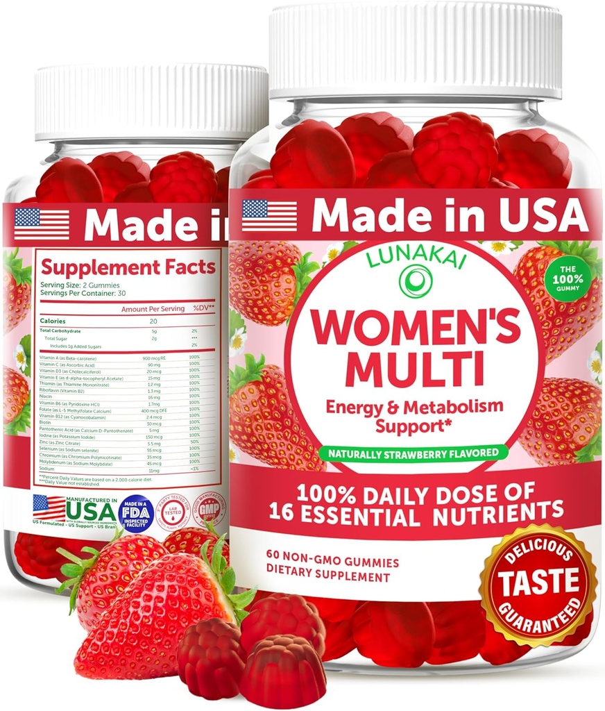 Lunakai USA Made Women Multivitamin Gummies - Νόστιμη Ημερήσια Δόση με 16 Multi Vitamins για γυναίκες - Ενέργεια & Ανοσολογική Υποστήριξη, Μη-ΓΤΟ, 60 Ct