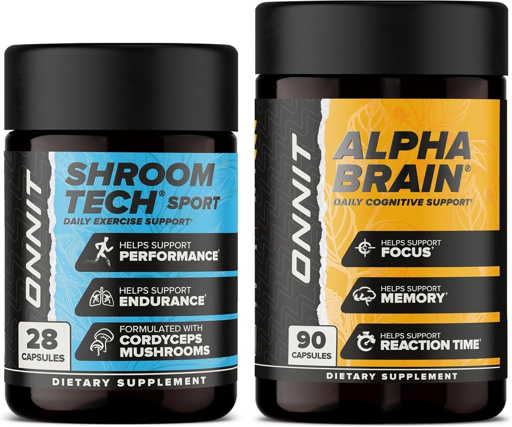 ONNIT Premium Alpha Brain Bundle - Nootropic Brain Supplement (90 Count) για Εστίαση, Συγκέντρωση & Μνήμη + Shroom Tech Sport για Άσκηση, Ενέργεια & Καρδιαγγειακή Απόδοση (28 Count)