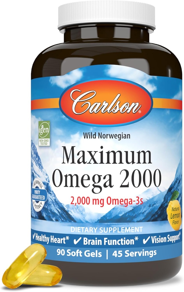 Carlson - Μέγιστο Ωμέγα 2000, 2000 mg Ωμέγα-3, Υγιής Καρδιά, Λειτουργία του εγκεφάλου & Υποστήριξη Όρασης, Λεμόνι, 90 μαλακά τζελ