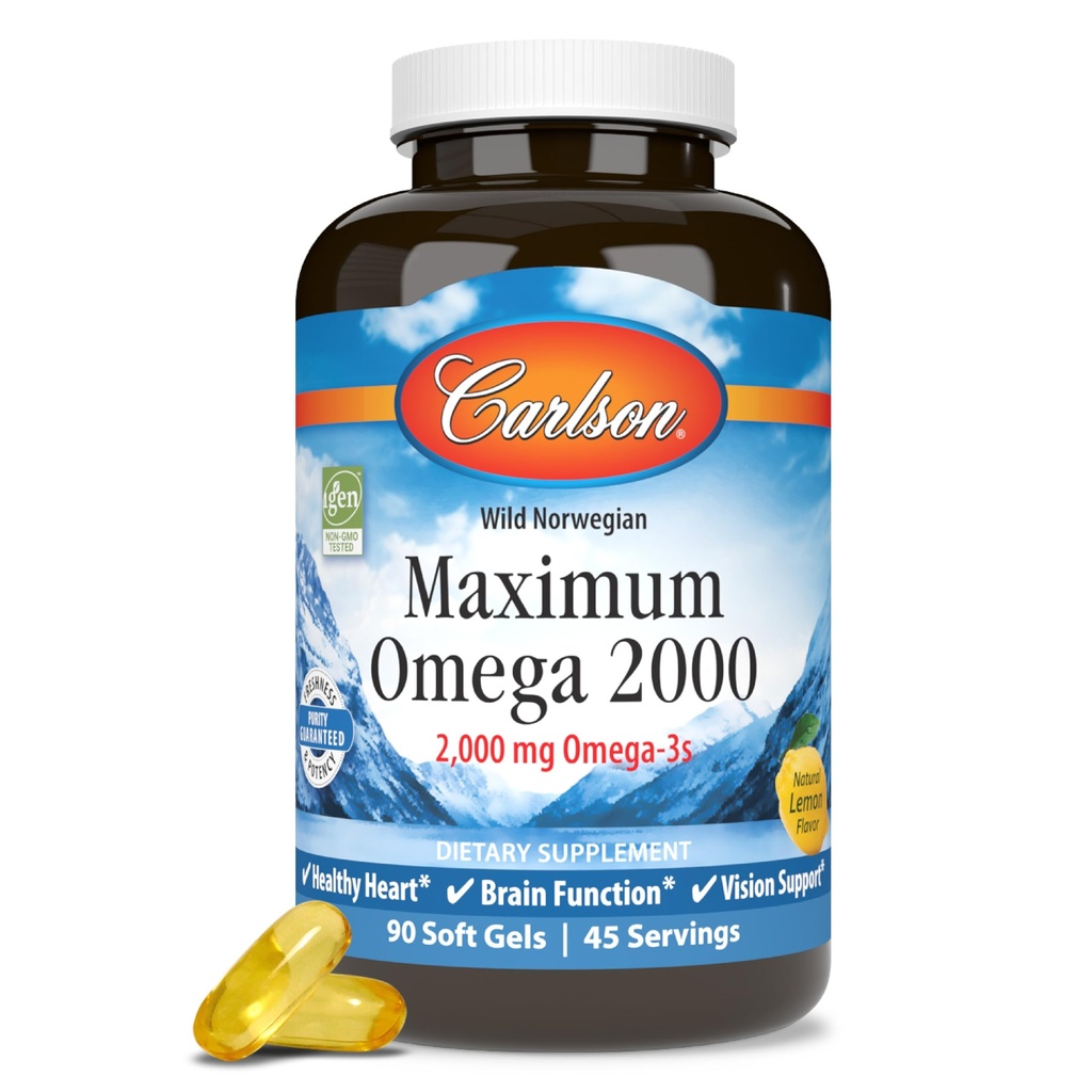 Carlson - maksimum Omega 2000, 2000 mg Omega-3s, Sağlıklı Kalp, Beyin Fonksiyonu ve Vizyon Desteği, Limon, 90 yumuşak jel
