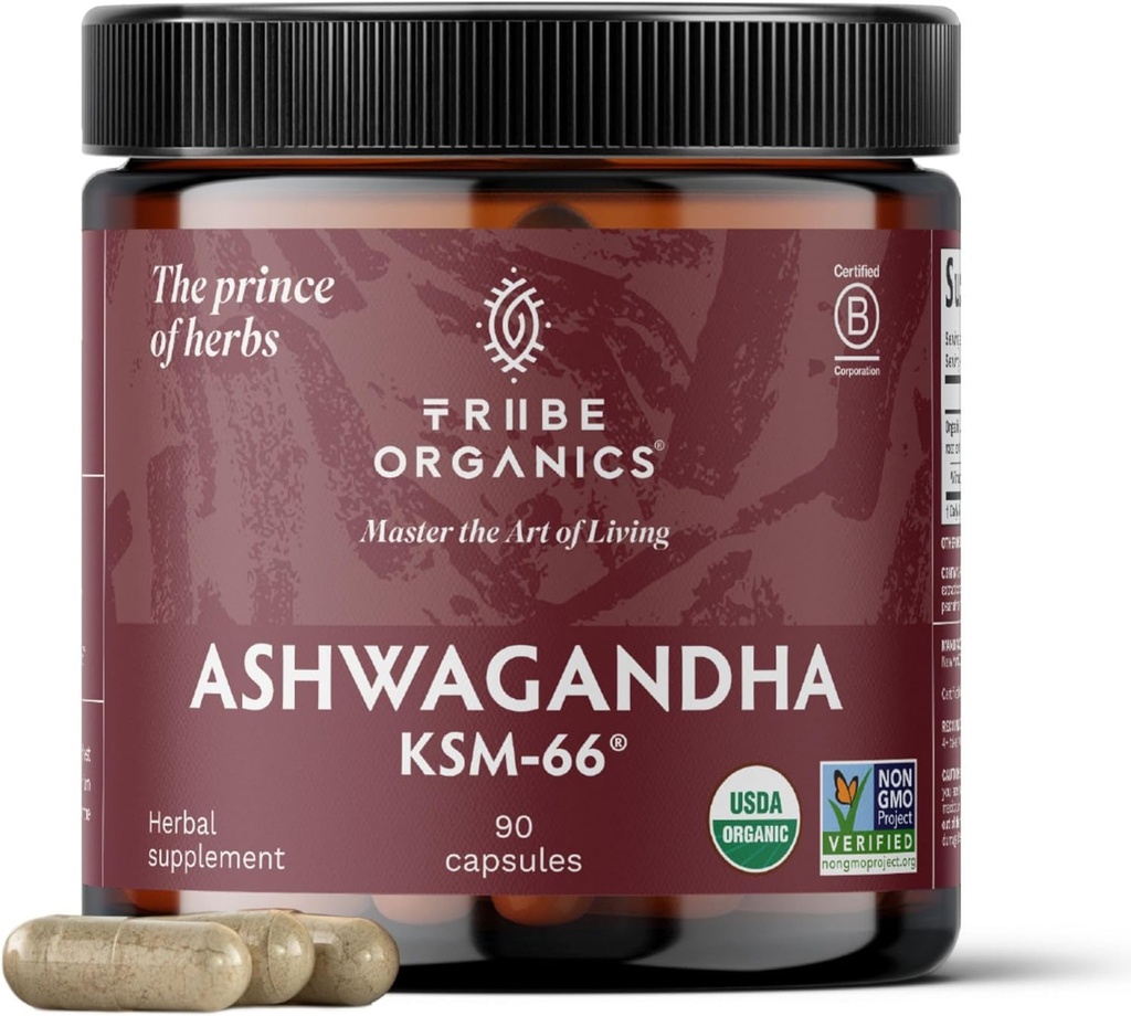 TRIBE ORGANICS Ashwagandha KSM 66 καθαρό οργανικό εκχύλισμα σκόνης ρίζας Ayurvedic συμπλήρωμα - Focus Mood Υποστήριξη αύξησης της ενεργειακής δύναμης 600mg του φυσικού KSM66 για την ανώτερη απορρόφηση - 90 κάψουλες