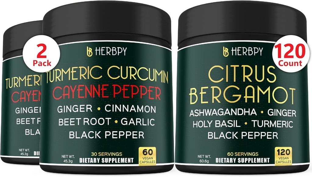 Sche 2Pack 7in1 Curcumin Supplement & 6in1 Citrus Bergamot Supplement for Digestive, Relaxation, Heart Health & Immune