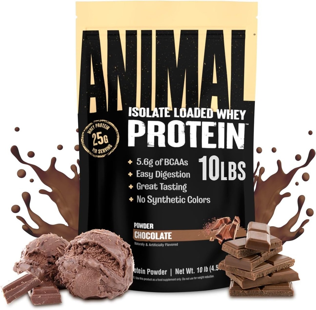 Animal Whey Isolate Protein Powder - Loaded for Pre & Post Workout Muscle Builder and Recovery with Digestive Enzymes for Men & Women - 25g Protein, Great Taste, Low Sugar - Chocolate 10 lbs