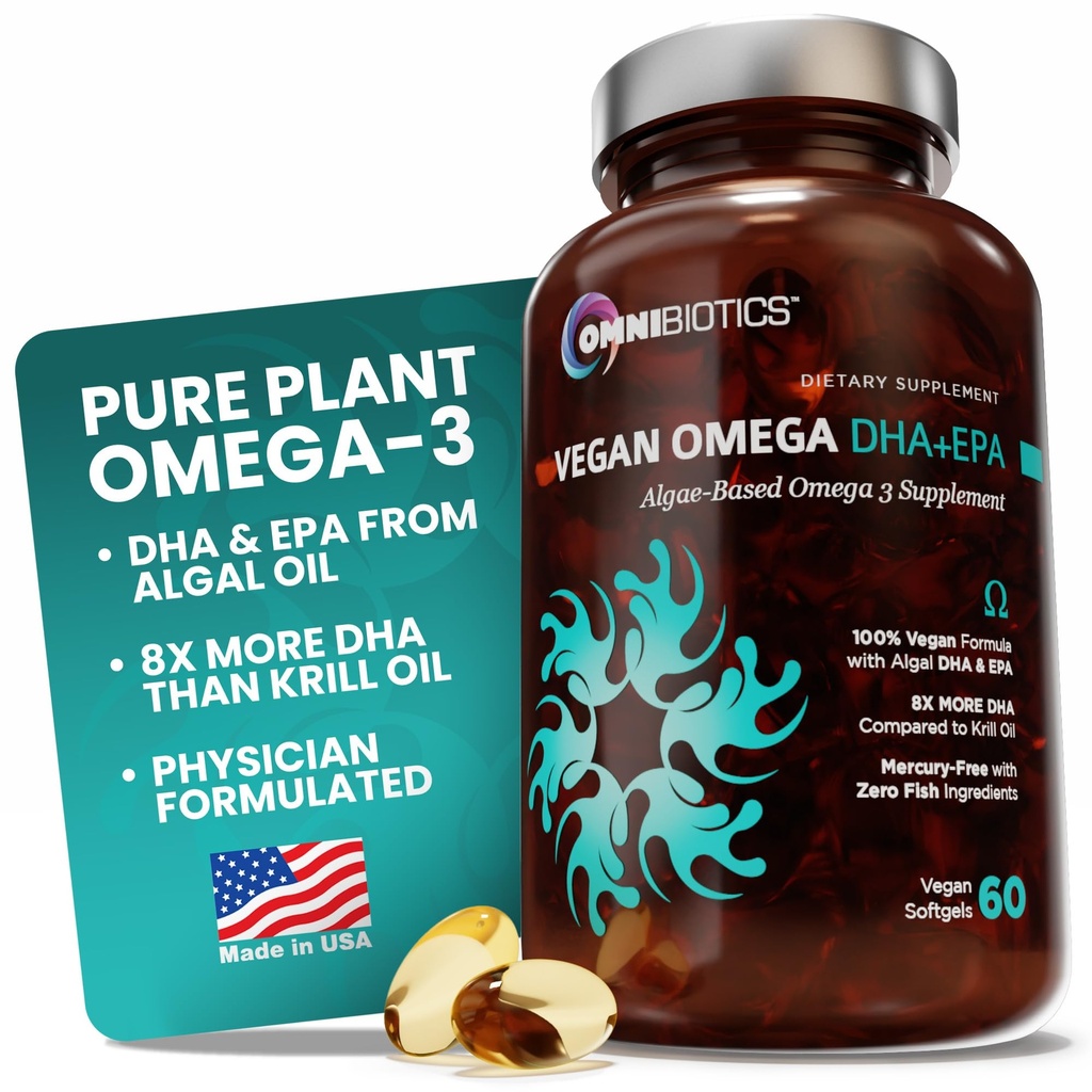 OmniBiotics Vegan Omega 3 DHA Supplement – MD-Cerated Prenatal Supplement with 8X More DHA Than Krill Oil, Fish-Free, Non-GMO – 60 Vegan Capsules