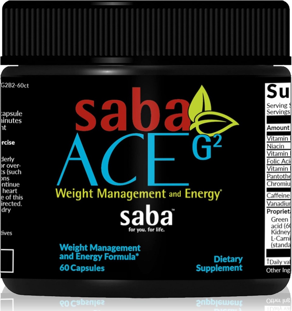 Saba ACE G2 - Θερμογόνος Πάχος Burner. Συμπλήρωμα απώλειας βάρους, ορεκτικό καταπιεστικό, & ενεργειακό ενισχυτή - Πράσινο εκχύλισμα τσαγιού, Capsimax, Garcania, Carnosyn & More - 60 κάψουλες