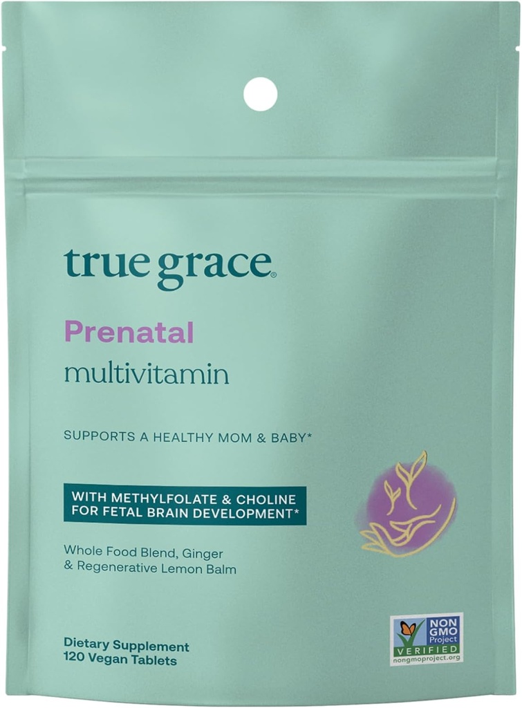 True Grace Prenatal Multivitamin Refill Pouch - 120 Vegan Tablet - Fetal Beyin Gelişimi için Sağlıklı Bir Anne ve Bebek Destek - Gluten Free, Soy Free - 60 Hizmetler