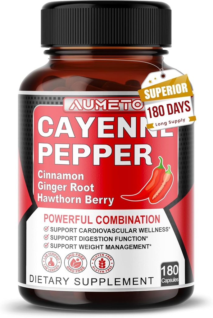 Cayenne Pepper Capsules - Cinnamon ile Ultra Kompleksi, Ginger, Cardamom, Hawthorn Berry - Destek Digestion, Circulation & General Wellness ( Count180)