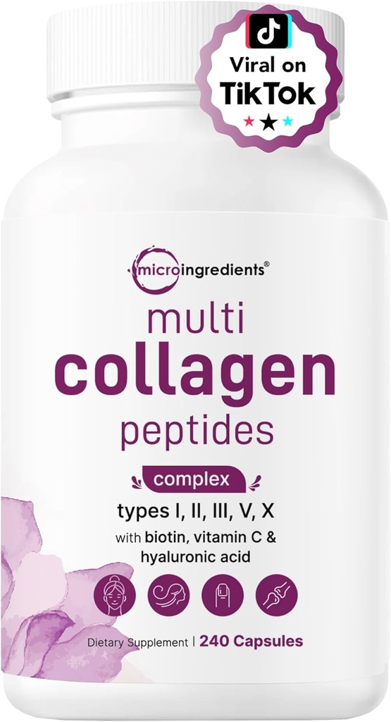 Kadınlar ve Erkekler için çok Collagen Pills, 240 Capsules | Tip I, II, III, V, X - Hydrolyzed Peptides with Biotin, Hyaluronik Asit & Vitamin C | Saç, Skin, Nail & Ortak Destek*