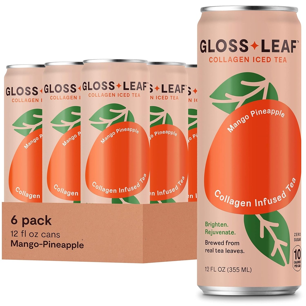Gloss Leaf Collagen Iced Tea (Zero-Sugar, Mango-Pineapple): Collagen Peptides Protein & Vitamin C, Beauty & Anti-Aging, 12 Fl Oz, 6 Pack
