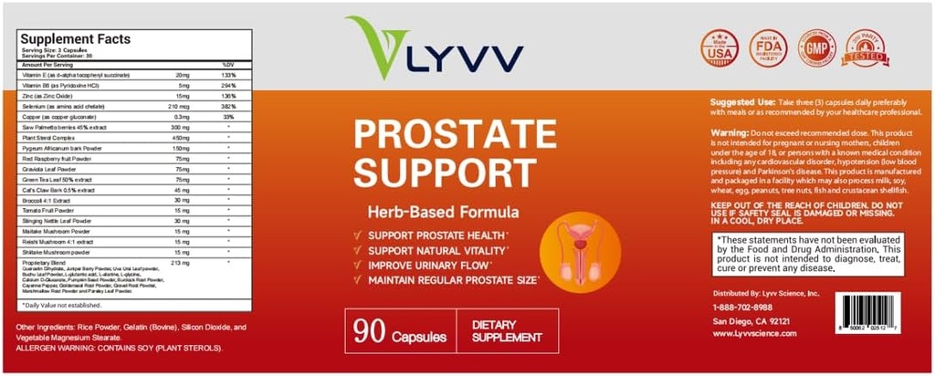 Lyvv Prostate Support with Saw Palmetto, Plant Sterol, çinko,Selenium,Copper and More for Prostate Health and Urinary Health, 90 capsuels
