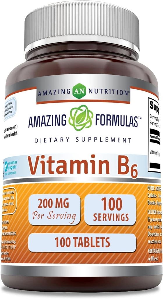 Amazing Formulas Vitamin B6 Pyridoxine 200mg 100 Tablets Supplement | Non-GMO | Gluten Free | Made in USA