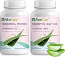 AloeCure Daily Probiyotiks 10 Milyar CFU for Digestive Support 8 Strains, 6 Prebiyotiks & Enzymes - Kadınlar ve Erkekler için Bromelain ile Digestive Relief, 30 Caps x 2btls