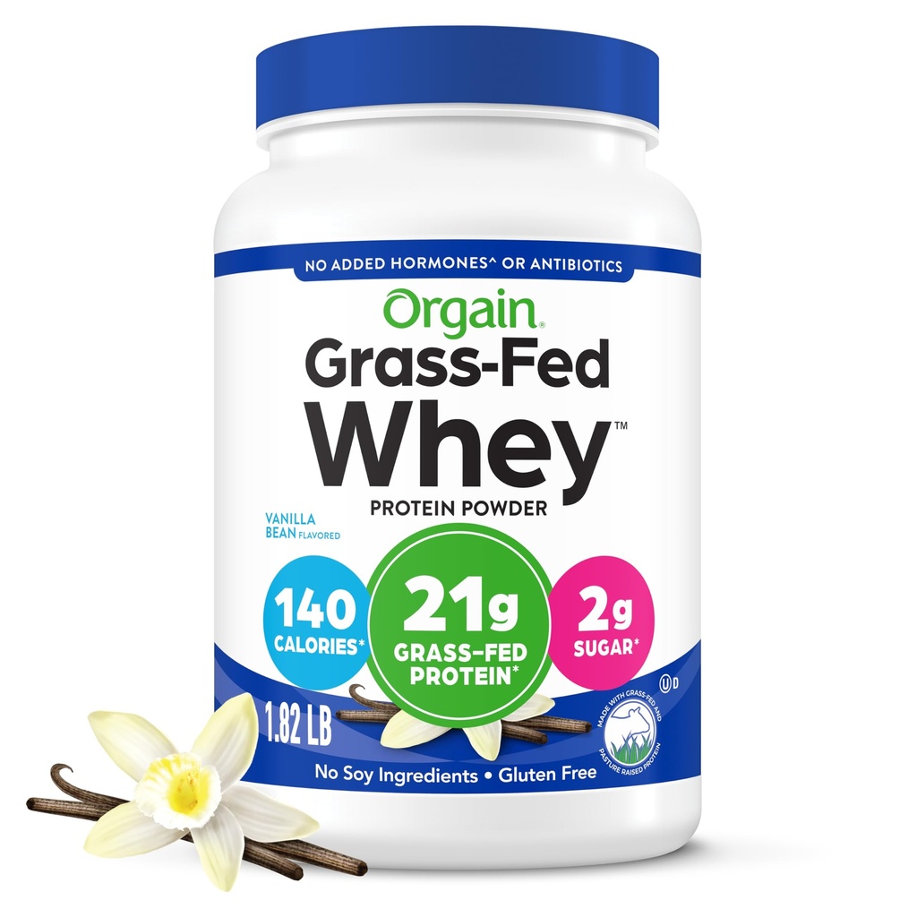 Orgain Whey Protein Powder, Vanilla Bean- 21g Grass Fed Dairy Protein, 5g BCAAs, 3g Prebiotic Fiber, Χωρίς ζάχαρη Προστέθηκε, Όχι Προστιθέμενες ορμόνες, Χωρίς γλουτένη, Kosher, Για Shakes & Smoothies - 1,82lb